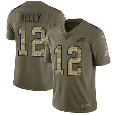 Nike Bills #12 Jim Kelly Olive Camo Men's Stitched NFL Limited 2017 Salute To Service Jersey
