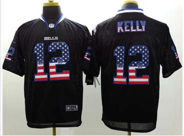 NEW Buffalo Bills #12 Jim Kelly Black NFL Elite USA Flag Fashion Jersey