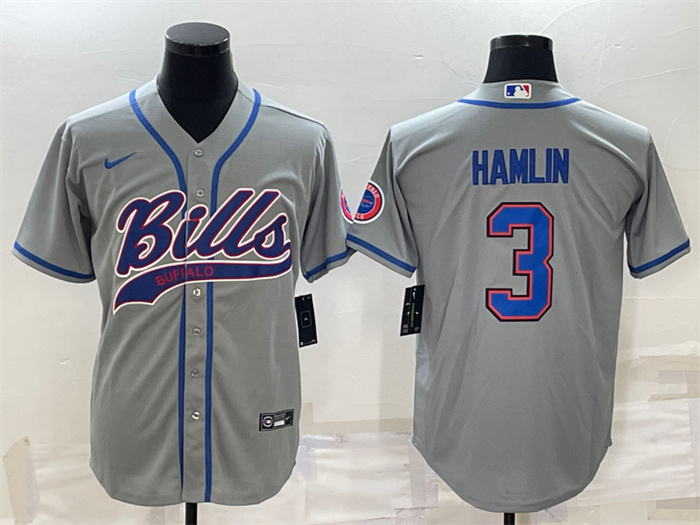 Men's Buffalo Bills #3 Damar Hamlin Gray With Patch Cool Base Stitched Baseball Jersey