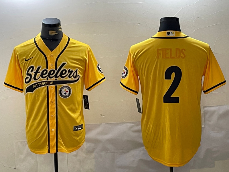 Men's Pittsburgh Steelers #2 Justin Fields Yellow With Patch Cool Base Stitched Baseball Jersey 2