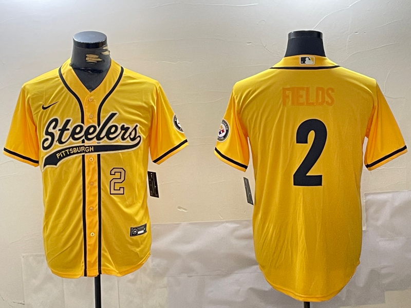 Men's Pittsburgh Steelers #2 Justin Fields Yellow With Patch Cool Base Stitched Baseball Jersey 1