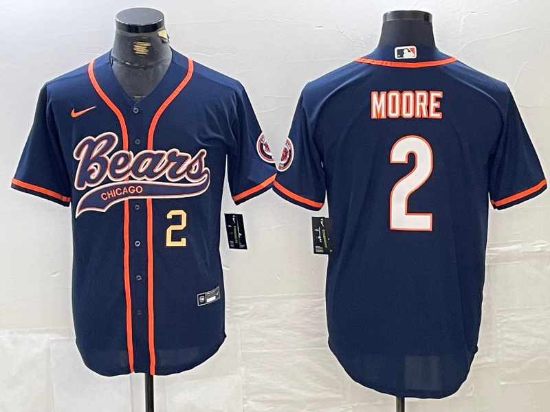 Men's Chicago Bears #2 DJ Moore Navy With Patch Cool Base Stitched Baseball Jersey 1