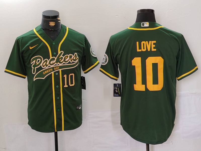 Men's Green Bay Packers #10 Jordan Love Green Cool Base Stitched Baseball Jersey 2