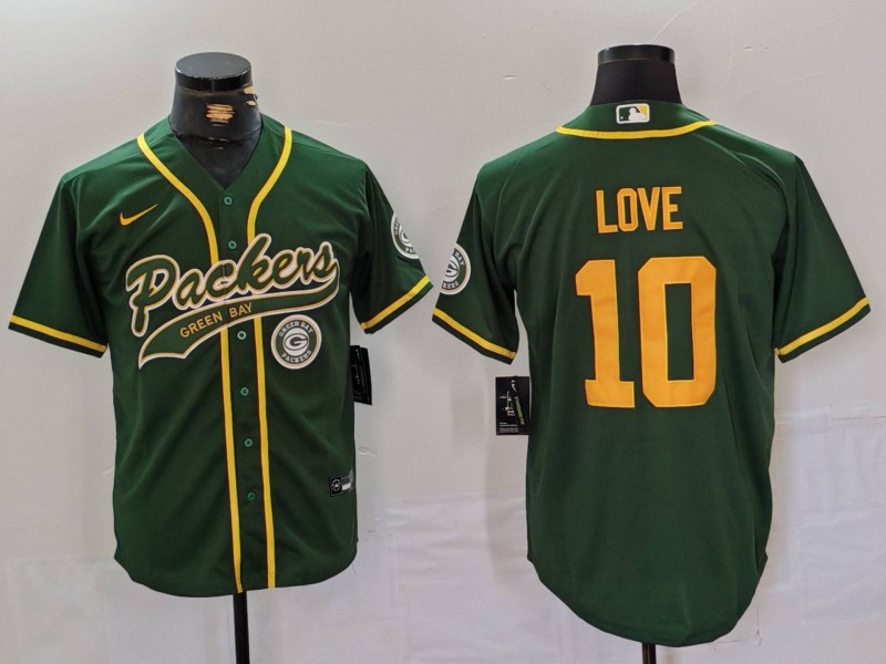 Men's Green Bay Packers #10 Jordan Love Green Cool Base Stitched Baseball Jersey 1
