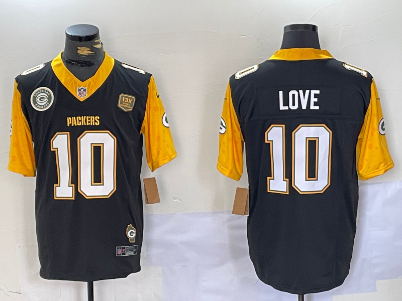 Men's Green Bay Packers #10 Jordan Love Black White Gold 2024 F.U.S.E. Home Patch Vapor Untouchable Limited Stitched Jersey 1