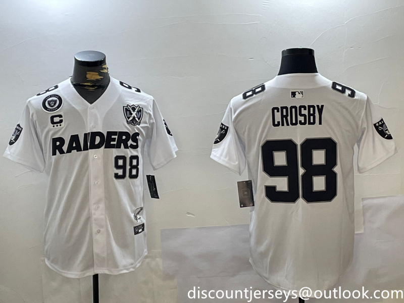 Men's Las Vegas Raiders #98 Maxx Crosby White With Nevada Silver Stat Patch And 65th Anniversary Patch 3-Star C Patch Stitched Baseball Jersey 1