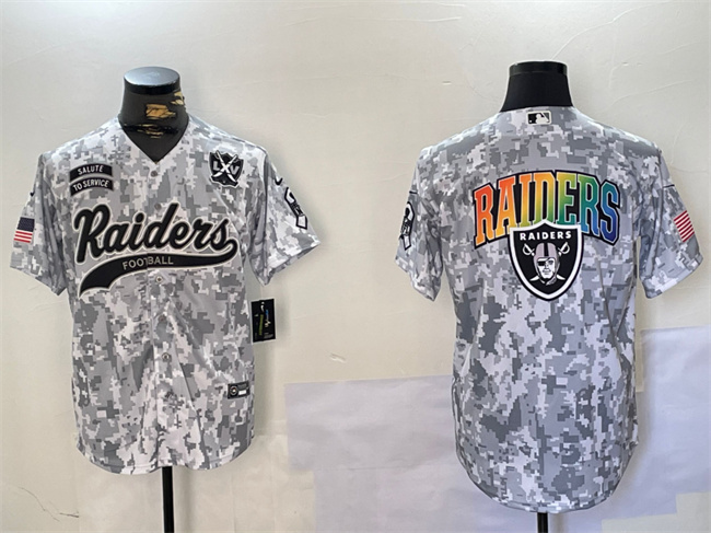 Men's Las Vegas Raiders Team Big Logo 2024 Arctic Camo Salute To Service With 65th Anniversary Patch Stitched Baseball Jersey 2