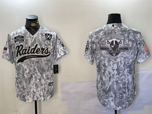 Men's Las Vegas Raiders Team Big Logo 2024 Arctic Camo Salute To Service With 65th Anniversary Patch Stitched Baseball Jersey 1