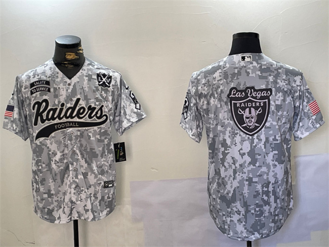 Men's Las Vegas Raiders Team Big Logo 2024 Arctic Camo Salute To Service With 65th Anniversary Patch Stitched Baseball Jersey