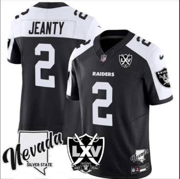 Men's Las Vegas Raiders #2 Ashton Jeanty Black 2024 F.U.S.E With Nevada Silver Stat Patch And 65th Anniversary Patch Stitched Football Jersey