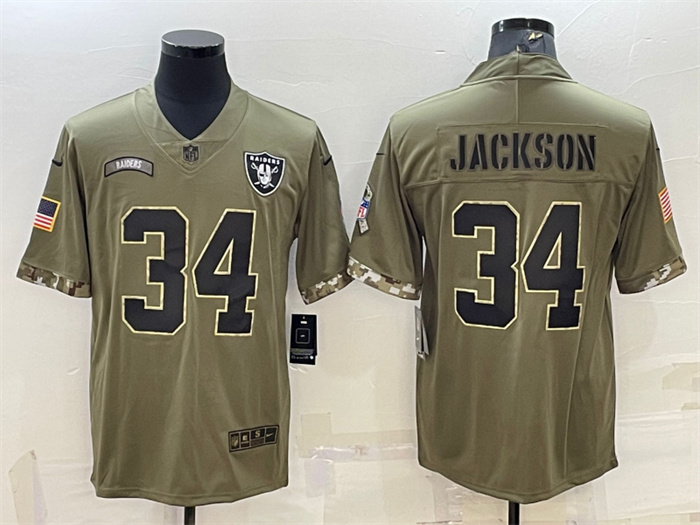 Men's Las Vegas Raiders #34 Bo Jackson Olive 2022 Salute To Service Limited Stitched Jersey
