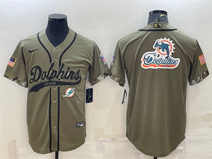 Men's Miami Dolphins Olive 2022 Salute To Service Team Big Logo Cool Base Stitched Baseball Jersey 001