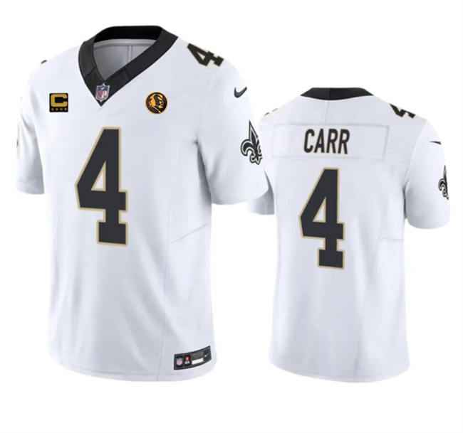 Men's New Orleans Saints #4 Derek Carr White 2023 F.U.S.E. With 4-Star C Patch And John Madden Patch Vapor Limited Stitched Football Jersey