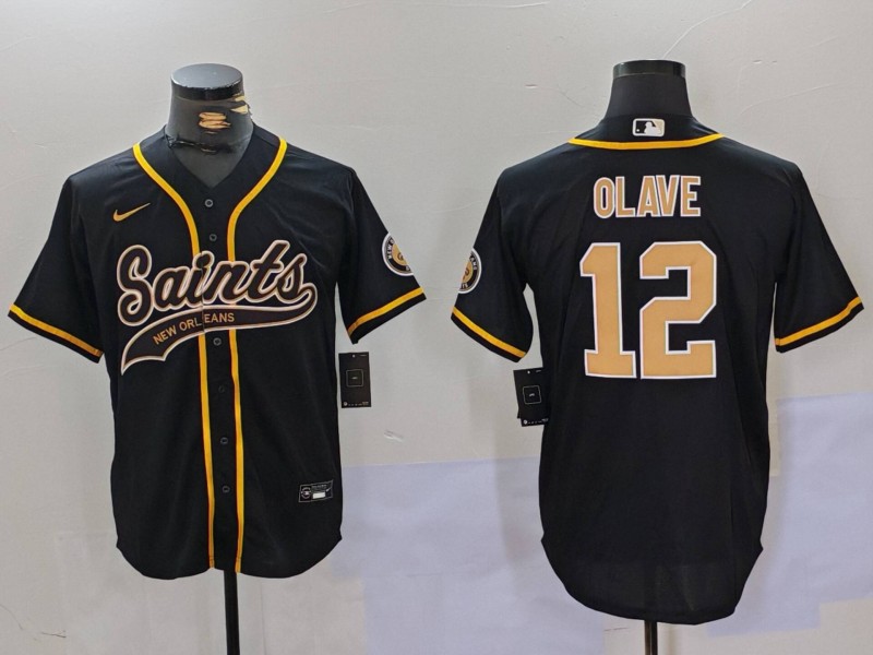 Men's New Orleans Saints #12 Chris Olave Black Cool Base Stitched Baseball Jersey1