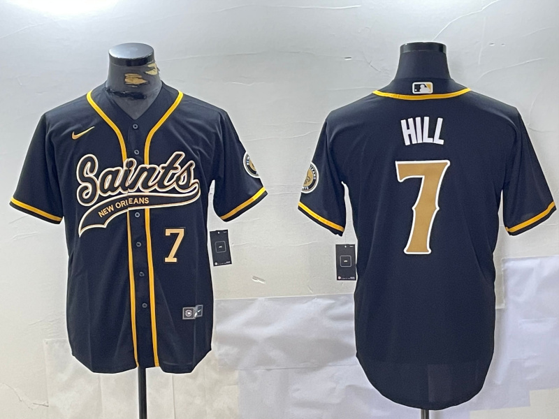 Men's New Orleans Saints #7 Taysom Hill Black With Patch Cool Base Stitched Baseball Jersey 1