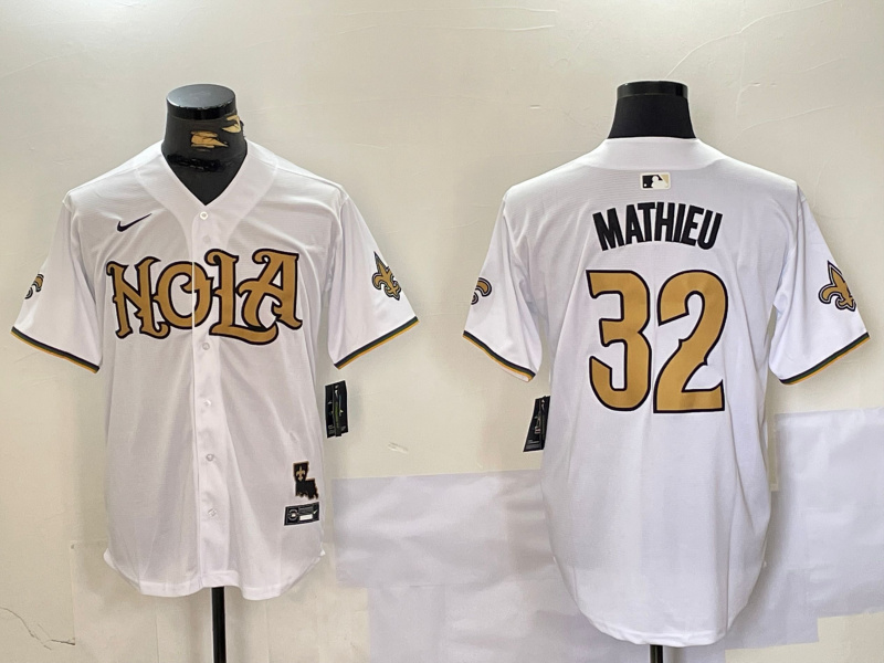 Men's New Orleans Saints #32 Tyrann Mathieu White Cool Base Stitched Baseball Jersey 5