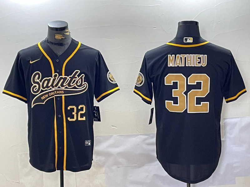 Men's New Orleans Saints #32 Tyrann Mathieu Black Cool Base Stitched Baseball Jersey 2