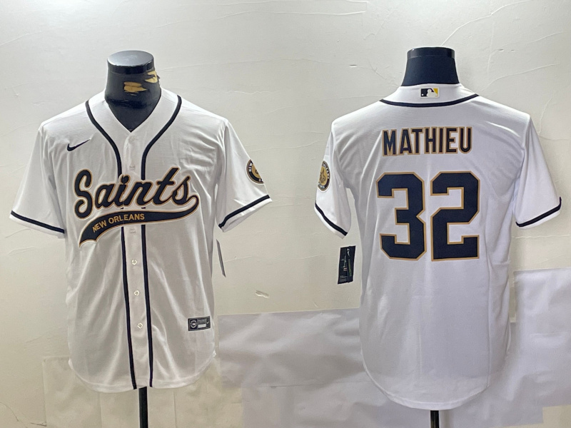 Men's New Orleans Saints #32 Tyrann Mathieu White Cool Base Stitched Baseball Jersey 2