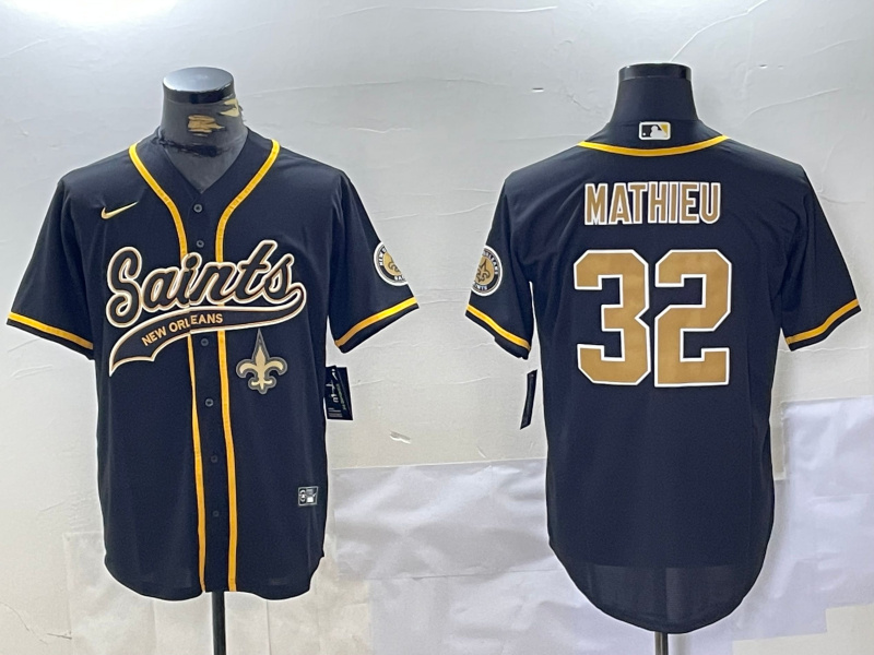 Men's New Orleans Saints #32 Tyrann Mathieu Black Cool Base Stitched Baseball Jersey 3