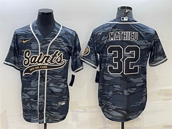 Men's New Orleans Saints #32 Tyrann Mathieu Grey Camo With Patch Cool Base Stitched Baseball Jerse