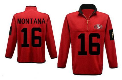 Men's San Francisco 49ers 16 Montana Antigua Gray Fortune Sweater Knit Microfleece Quarter-Zip Pullover Red Jacket