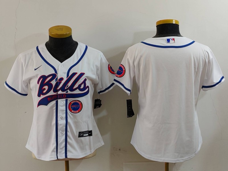 Women's Buffalo Bills White Team Big Logo With Patch Cool Base Stitched Baseball Jersey 3