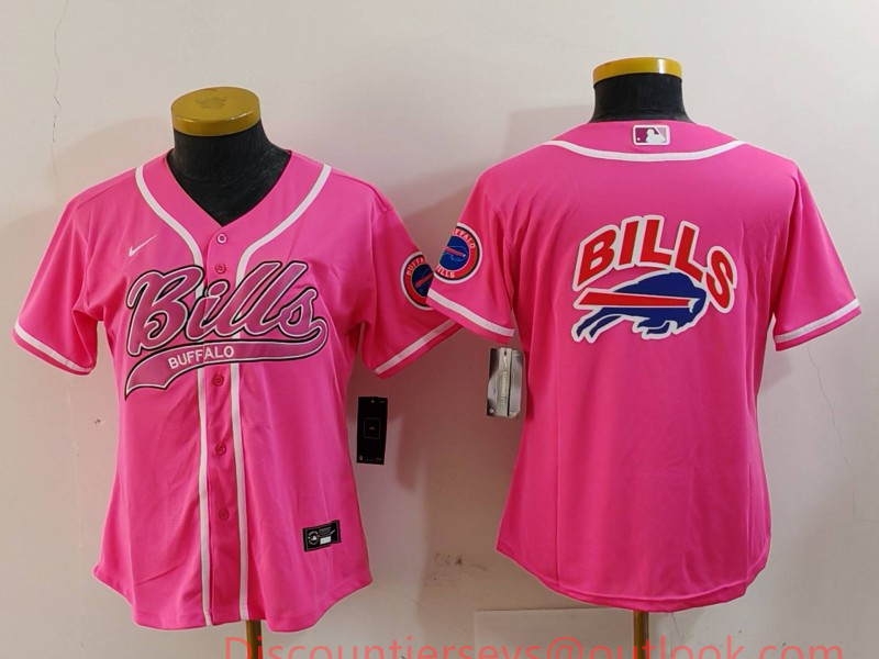 Women's Buffalo Bills Pink Team Big Logo With Patch Cool Base Stitched Baseball Jersey 1