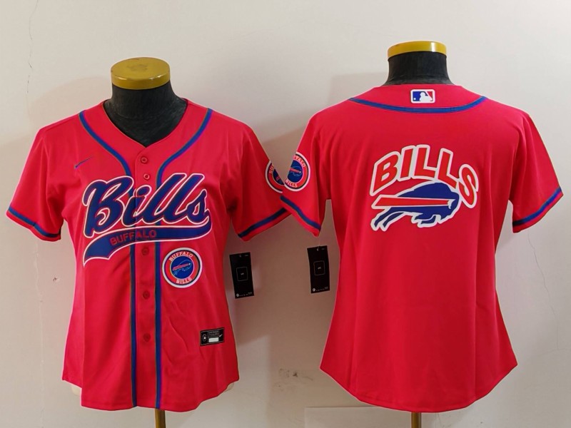 Women's Buffalo Bills Red Team Big Logo With Patch Cool Base Stitched Baseball Jersey 2