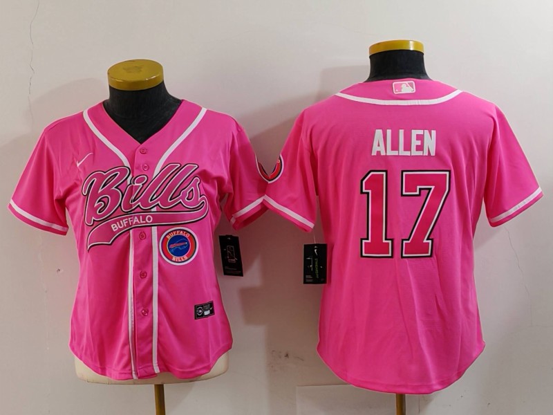 Women's Buffalo Bills #17 Josh Allen Pink Cool Base Stitched Baseball Jersey 2