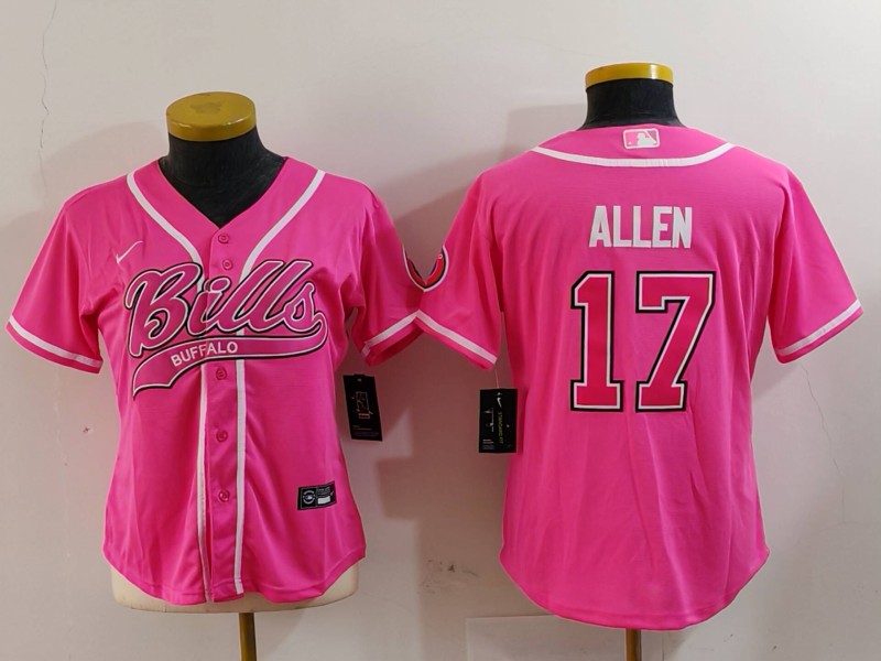 Women's Buffalo Bills #17 Josh Allen Pink Cool Base Stitched Baseball Jersey 1