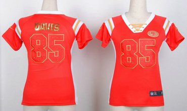 San Francisco 49ers 85 Vernon Davis Women's Draft Him Shimmer V-Neck T-Shirt - Pink