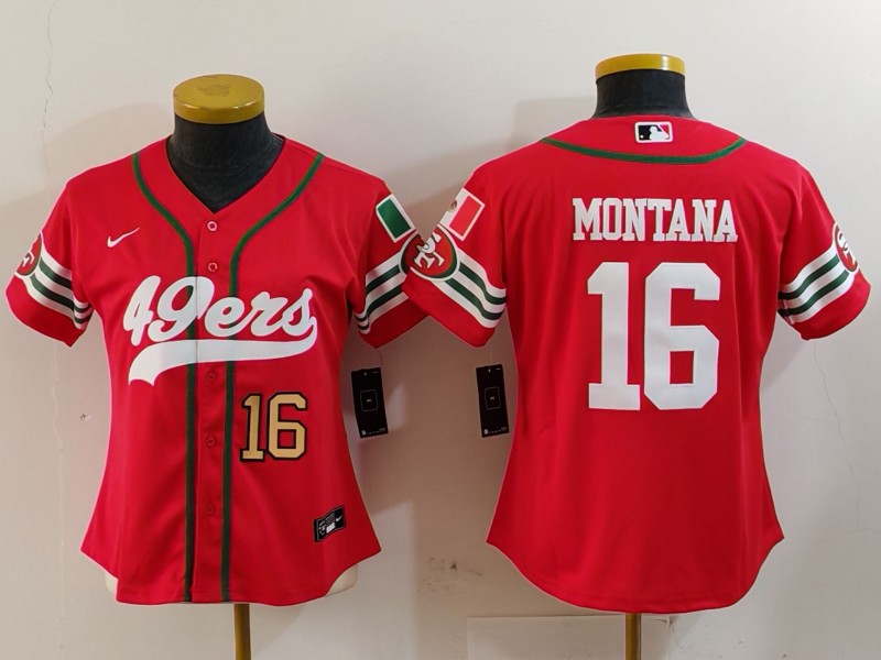 Women's San Francisco 49ers #16 Joe Montana Red Mexico With Patch Cool Base Stitched Baseball Jersey(Run Small) 3