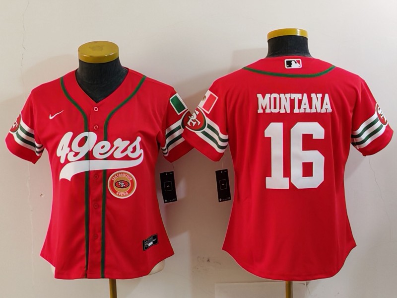 Women's San Francisco 49ers #16 Joe Montana Red Mexico With Patch Cool Base Stitched Baseball Jersey(Run Small) 1