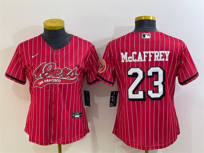 Women's San Francisco 49ers #23 Christian McCaffrey New Red With Patch Cool Base Stitched Baseball Jersey(Run Small)S