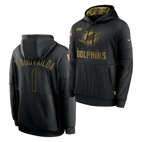 Men's Miami Dolphins #1 Tua Tagovailoa 2020 Salute To Service Black Sideline Performance Pullover Hoodie