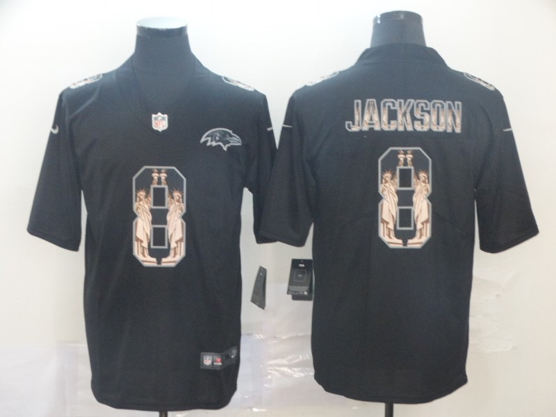 Nike Ravens 8 Lamar Jackson Black Statue Of Liberty Limited Jersey