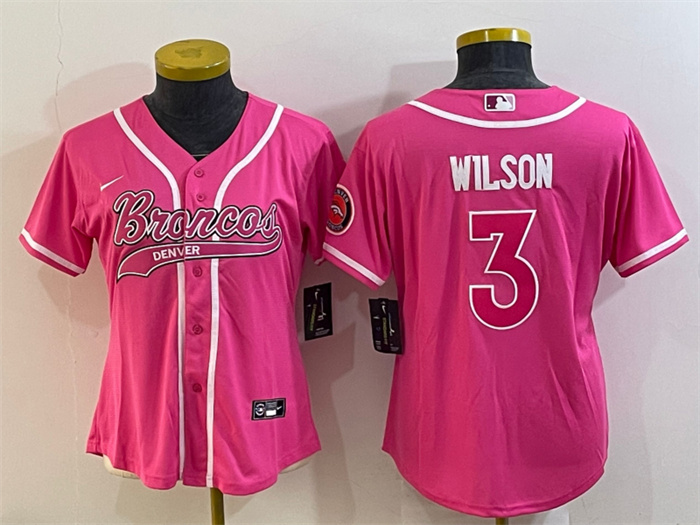 Women's Denver Broncos #3 Russell Wilson Pink With Patch Cool Base Stitched Baseball Jersey(Run Small)