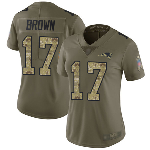 Patriots #17 Antonio Brown Olive Camo Women's Stitched Football Limited 2017 Salute to Service Jersey