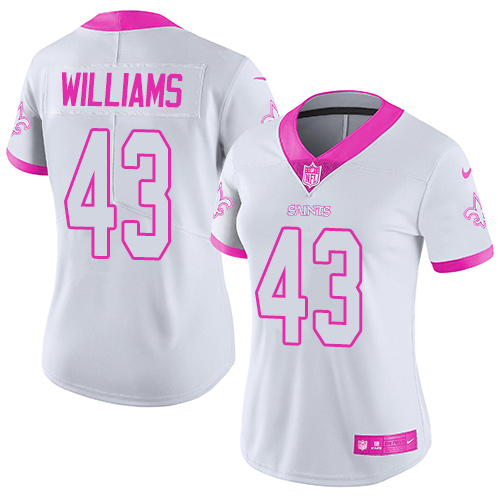 Nike Saints #43 Marcus Williams White Pink Women's Stitched NFL Limited Rush Fashion Jersey