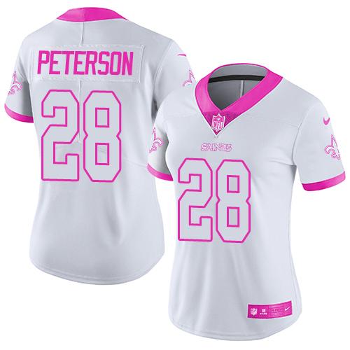 Nike Saints #28 Adrian Peterson White Pink Women's Stitched NFL Limited Rush Fashion Jersey