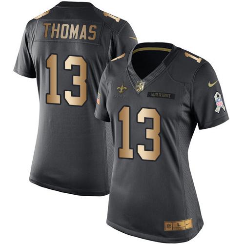 Nike Saints #13 Michael Thomas Black Women's Stitched NFL Limited Gold Salute to Service Jersey