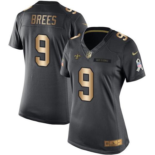 Nike Saints #9 Drew Brees Black Women's Stitched NFL Limited Gold Salute to Service Jersey