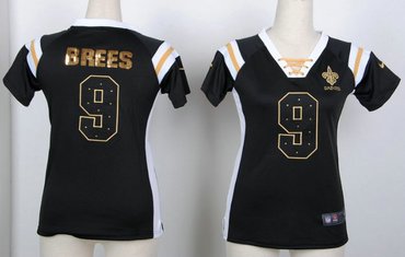 New Orleans Saints 9 Drew Brees Womens Draft Him Shimmer V-Neck T-Shirt - Black