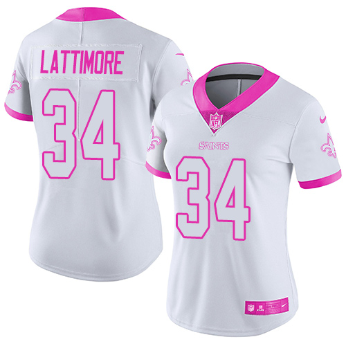 Nike Saints #34 Marshon Lattimore White Pink Women's Stitched NFL Limited Rush Fashion Jersey