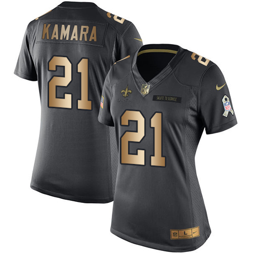 Nike Saints #21 Alvin Kamara Black Women's Stitched NFL Limited Gold Salute to Service Jersey