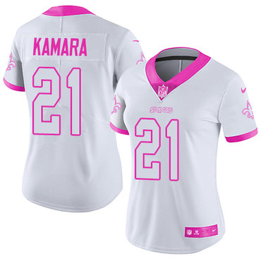 Nike Saints #21 Alvin Kamara White Pink Women's Stitched NFL Limited Rush Fashion Jersey