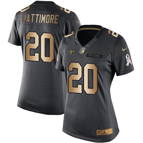Nike Saints #20 Marshon Lattimore Black Women's Stitched NFL Limited Gold Salute to Service Jersey