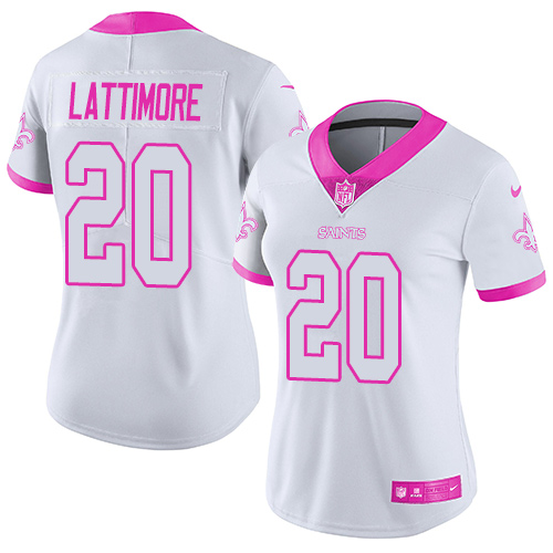 Nike Saints #20 Marshon Lattimore White Pink Women's Stitched NFL Limited Rush Fashion Jersey