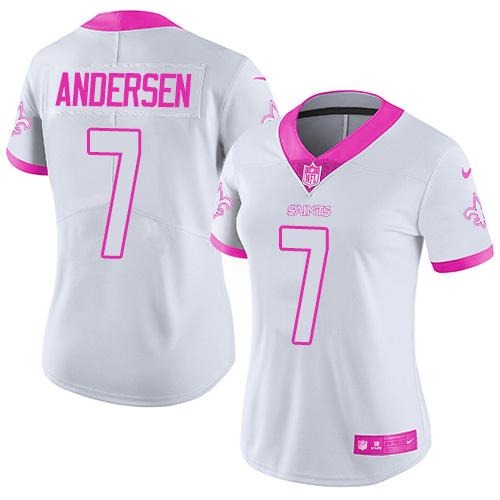 Nike Saints #7 Morten Andersen White Pink Women's Stitched NFL Limited Rush Fashion Jersey