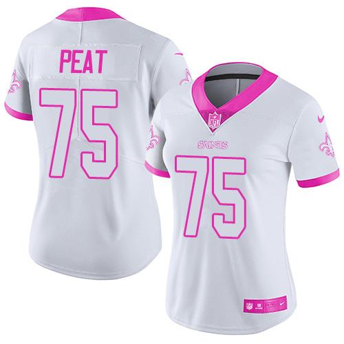 Nike Saints #75 Andrus Peat White Pink Women's Stitched NFL Limited Rush Fashion Jersey